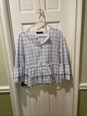 Ivanka Trump Blue and White Plaid Ruffle Top size S/P
